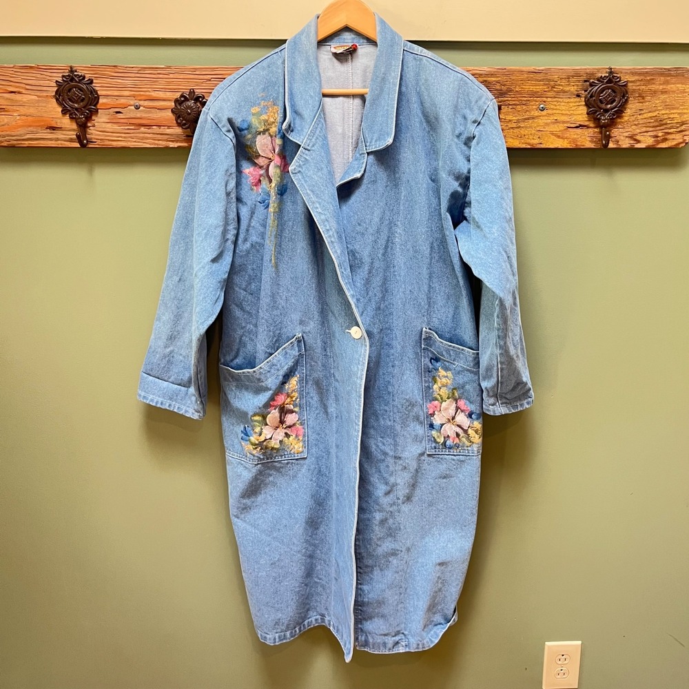 Vintage Torpedo Y2K 90s Denim Duster Hand Painted Floral Jacket Blue‎ M USA